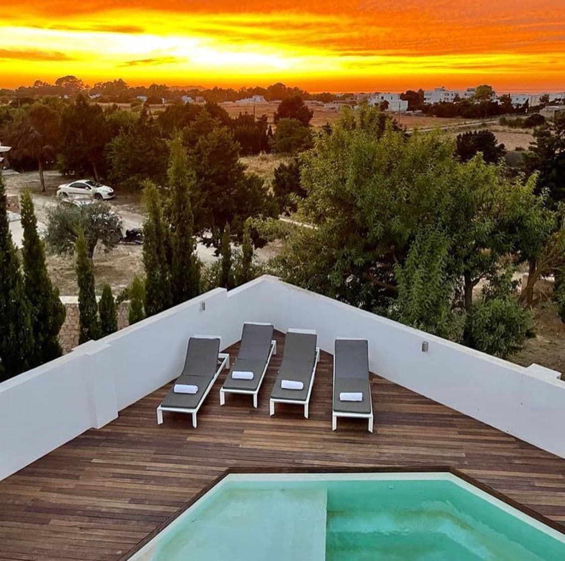 Rooftop pool deck with four sun loungers overlooking treetops and countryside under a dramatic orange sky at sunset.