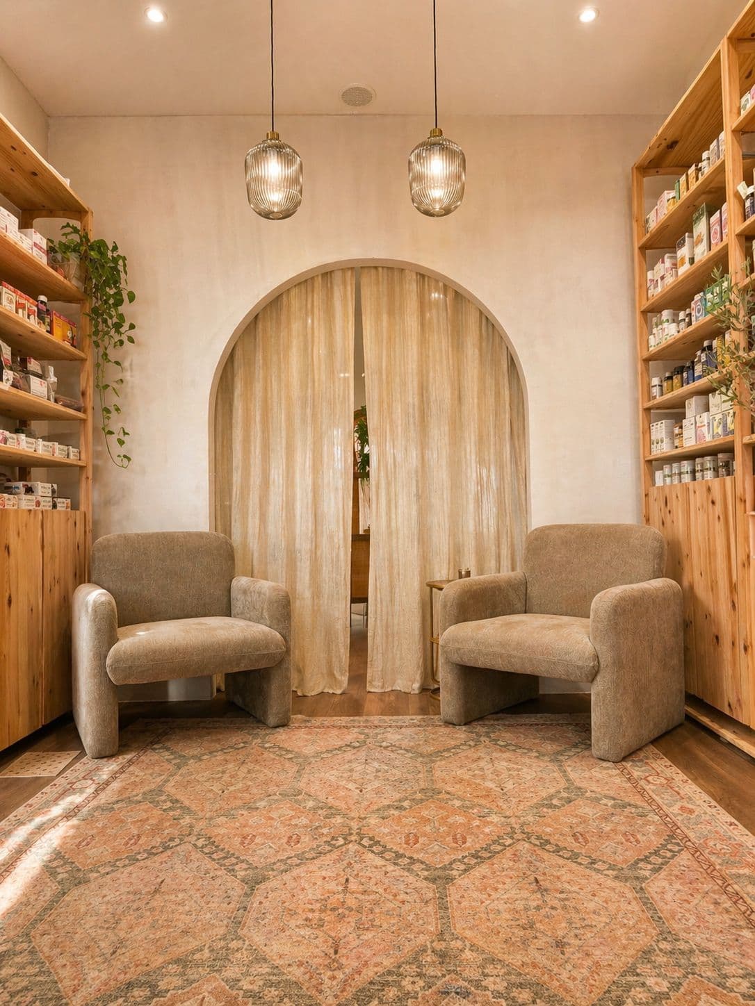 Arched timber joinery with display shelving and curved seating, commercial premises in Santa Eularia, Ibiza