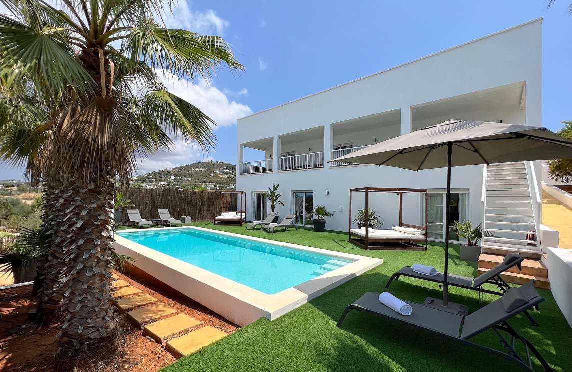 Mature palm and lawn beside the swimming pool of an Ibicenco style villa, Marina Botafoc, Ibiza