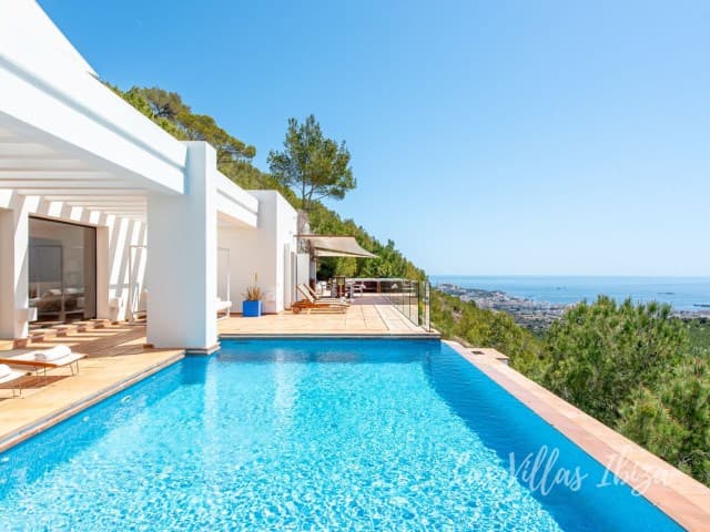 Swimming pool looking out towards the sea at Casa Hacienda, Cas Mut, Ibiza