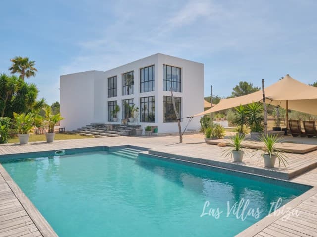 Minimalist white villa with a pool and shaded gazebo, Sant Agusti, Ibiza