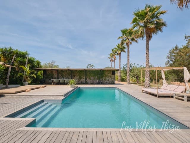 Swimming pool with palms and sun loungers at a minimalist villa in Sant Agusti, Ibiza