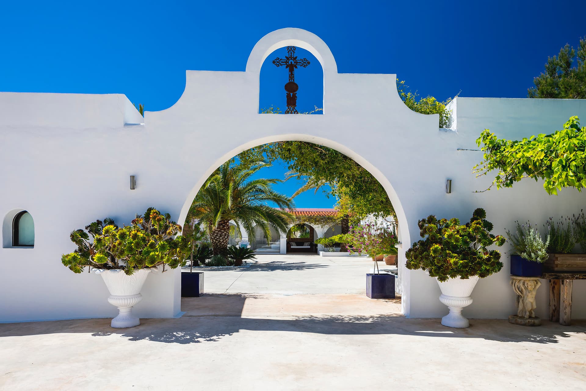 Bougainvillea climbing a whitewashed Ibicenco arch at Villa Meghan, Sant Josep, Ibiza