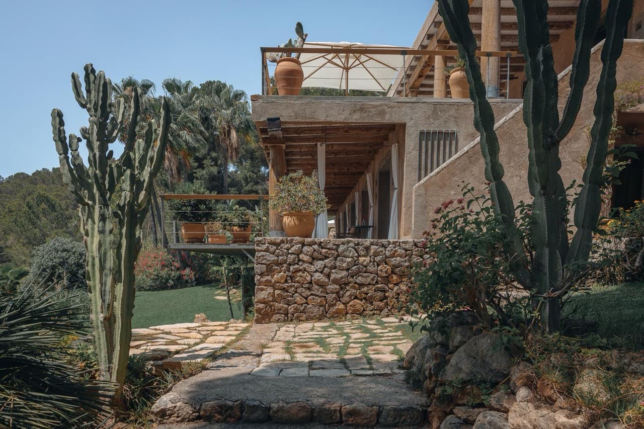 Mature cacti against the dry stone walls and terraces at Villa Wendy, Es Cubells, Ibiza