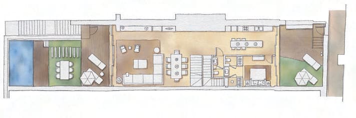 Coloured architectural floor plan showing the living level of a five bedroom residence, Portinatx, Ibiza