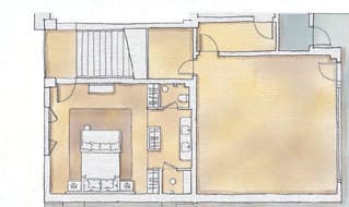 Coloured architectural floor plan showing the bedroom level of a five bedroom residence, Portinatx, Ibiza