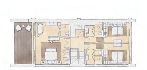 Coloured architectural floor plan showing the lower level of a five bedroom residence, Portinatx, Ibiza