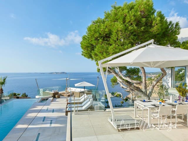 Covered terrace with dining looking out over the sea at Villa Sun, Cala Moli, Ibiza