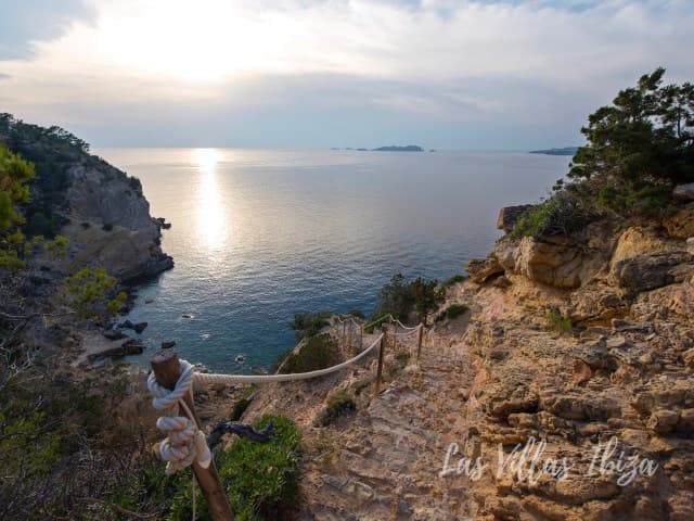 Rocky cove and cliffs catching the sunset below Villa Sun, Cala Moli, Ibiza
