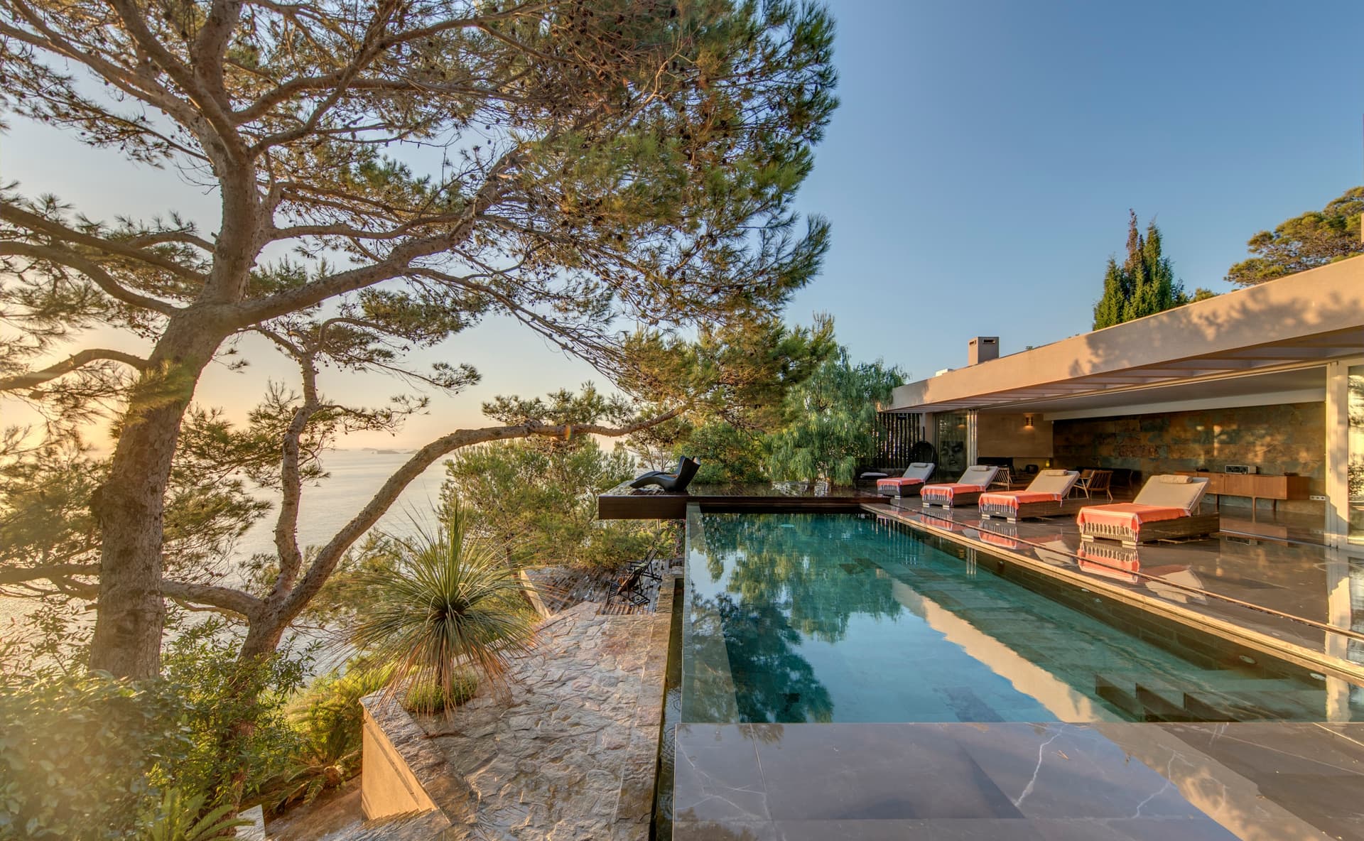 Swimming pool and covered terrace beneath a mature pine at dusk, Can Sabiduria, Cala Moli, Ibiza